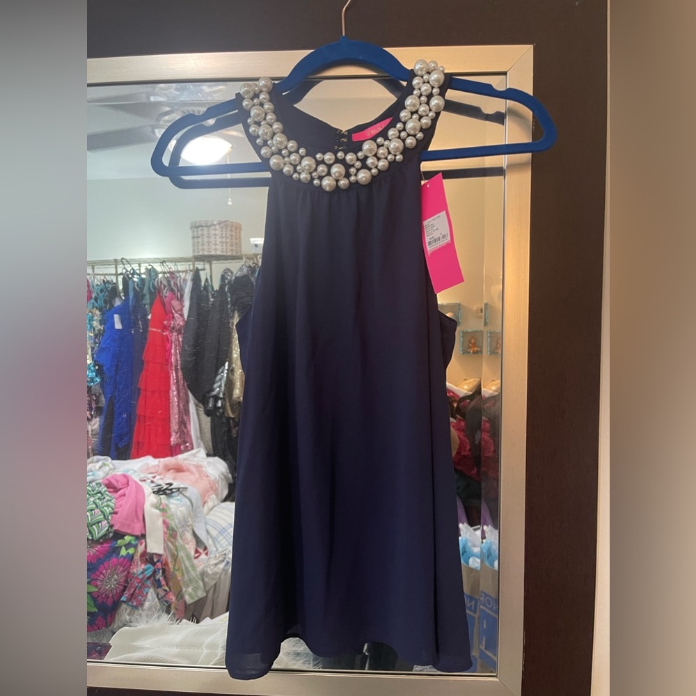 New Lilly Pulitzer navy tank tank top pearl neck line necklace Small NWT